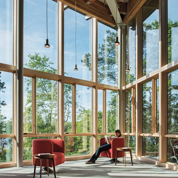 public library with custom window combinations surrounding a reader