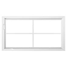 Custom White rectangular four-grid window with white frame and crossed muntin grid, isolated on a white background.