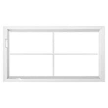 Custom White rectangular four-grid window with white frame and crossed muntin grid, isolated on a white background.
