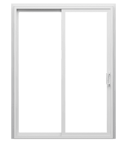 a white sliding patio door with hardware on the left panel.