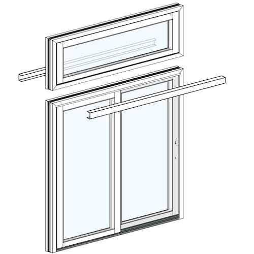 Exploded diagram of a sliding glass patio door with a rectangular transom window above, showing frame and horizontal mounting rails.