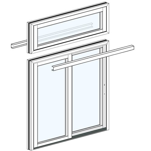 Exploded diagram of a sliding glass patio door with a rectangular transom window above, showing frame and horizontal mounting rails.