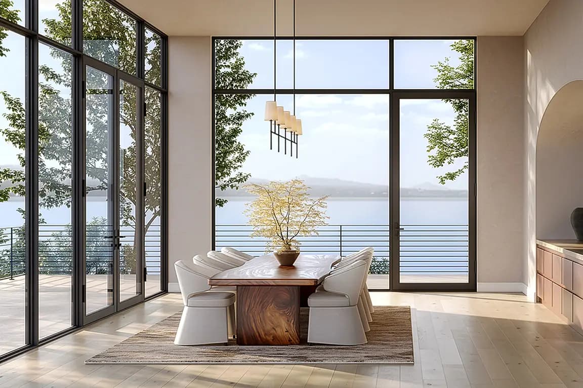 Modern lakeside dining room with wooden table, upholstered chairs, pendant light and floor-to-ceiling glass windows overlooking the water.