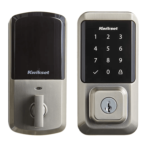 Kwikset WiFi Deadbolt – Satin Nickel Kwikset smart deadbolt electronic door lock with black touchscreen panel and satin nickel thumbturn