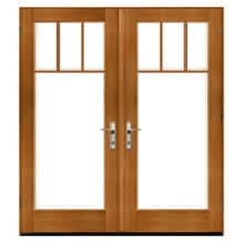 Top Row French-style wooden double doors with divided upper panes, large glass panels, and metal lever handles