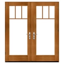 Top Row French-style wooden double doors with divided upper panes, large glass panels, and metal lever handles