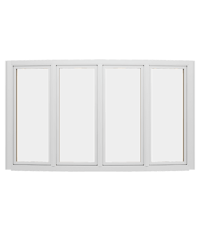 Wood four-panel bow window configuration in white.