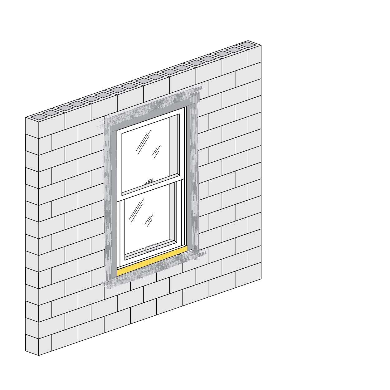 A graphic demonstrating a window that has been newly installed in an opening with Masonry construction.