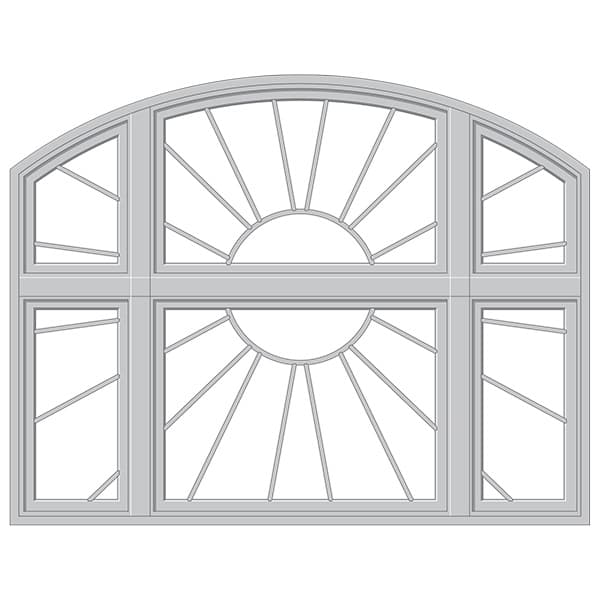 A custom window in white with a sunburst custom grilles.