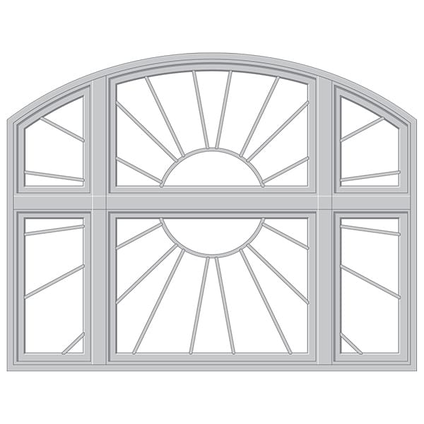 A custom window in white with a sunburst custom grilles.