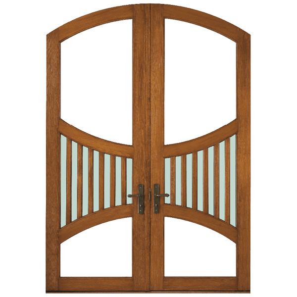 custom arched patio door with western-looking grilles in the middle of each door panel