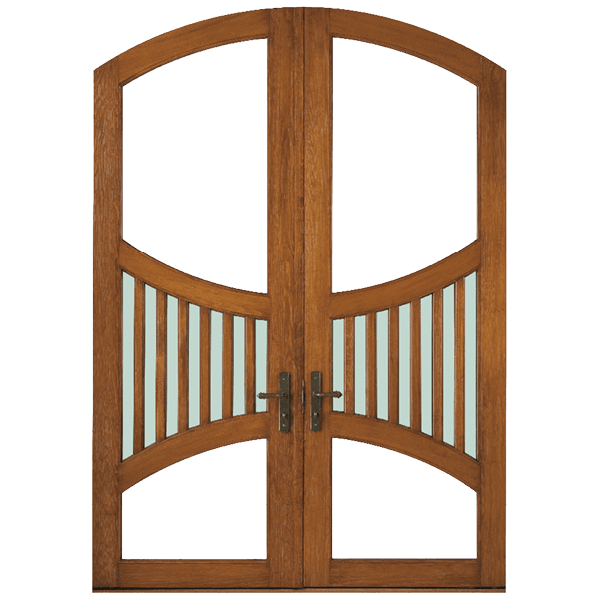 custom arched patio door with western-looking grilles in the middle of each door panel