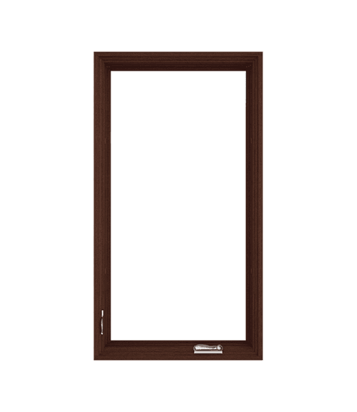 Dark brown wooden window frame with silver latch and handle