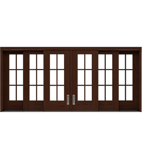 A six-panel wood multi-slide window in dark brown stain with grilles-between-the-glass