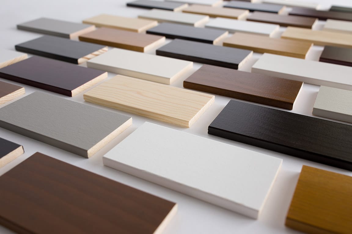 Various wood samples in different colors and finishes.