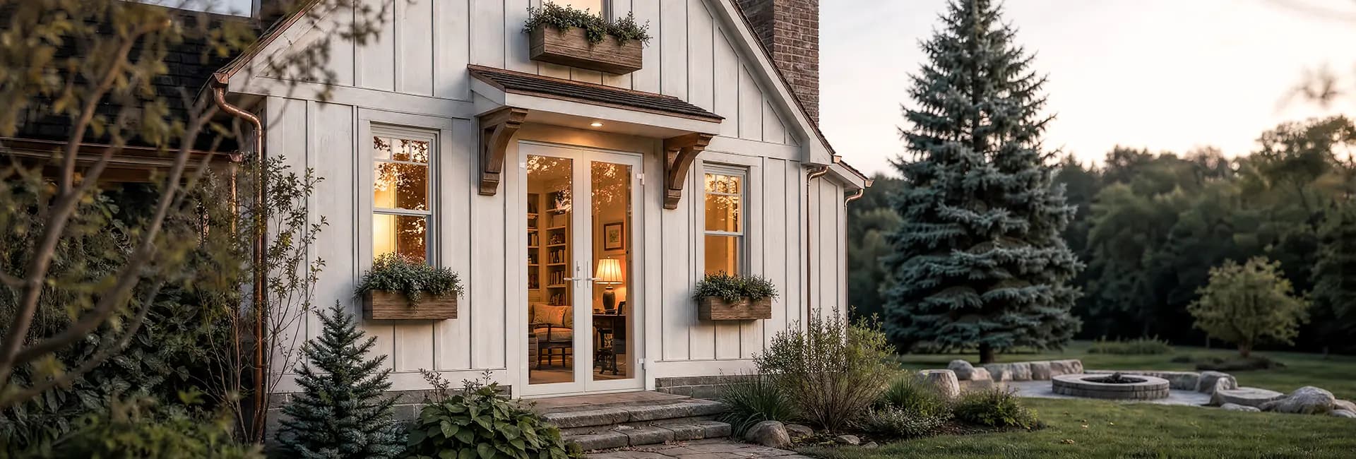 Cozy white farmhouse exterior with glass French doors glowing from interior light, window planters, landscaped yard and stone fire pit at dusk.