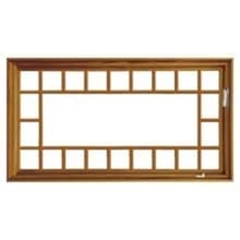Victorian Rectangular wooden sliding window frame with decorative muntin grid and large central glass pane, natural wood finish