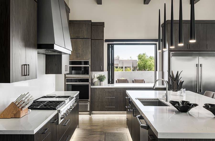 A gorgeous modern kitchen pass-through windows