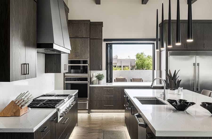 A gorgeous modern kitchen pass-through windows