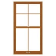 Cross Brown wooden double-hung sash window with divided muntins and brass handles on white background