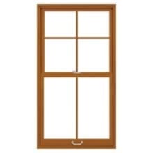Cross Brown wooden double-hung sash window with divided muntins and brass handles on white background