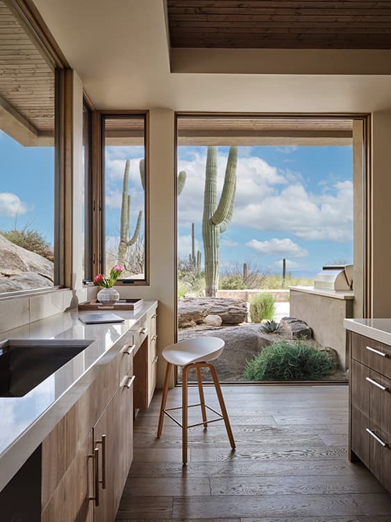 Tall cacti surrounded by rocks and green bushes sit outside a large southwestern-style kitchen.