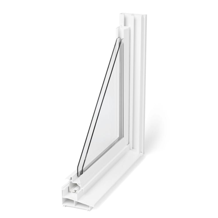 A close-up of a white bow window frame showcasing its modern design and glass structure.
