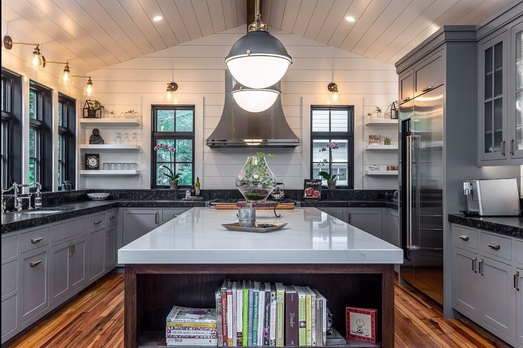 Black Window Frames Create Contrast In Contemporary Kitchen black windows, white walls, and dark gray cabinets create contrast in rustic style kitchen