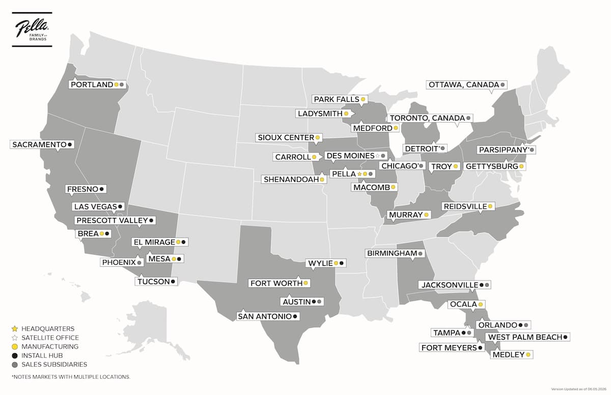 a united states map graphic with all aspects of Pella Windows & Doors