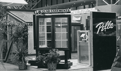 A 1970s floor display featuring the new Pella aluminum-clad products.