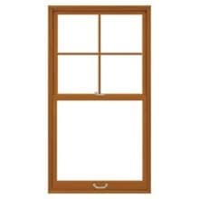 Custom Brown wooden single-hung sash window with four-pane upper sash and clear lower pane