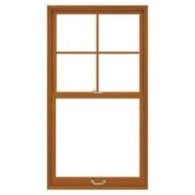 Custom Brown wooden single-hung sash window with four-pane upper sash and clear lower pane