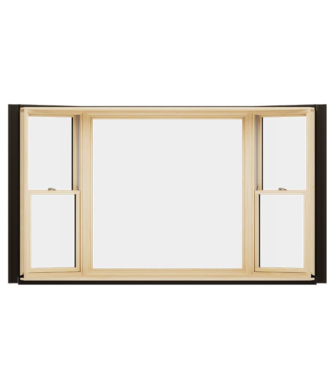 A wooden bay window featuring two open sashes, providing a clear view.