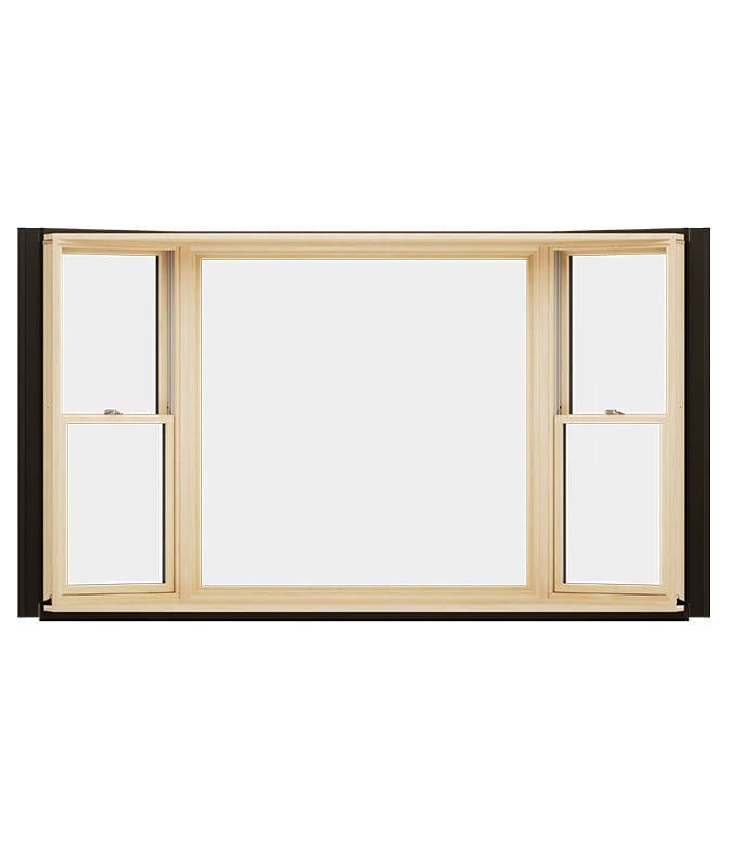 A wooden bay window featuring two open sashes, providing a clear view.