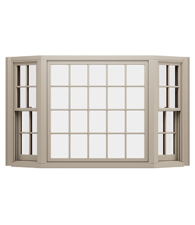 A bay window with beige trim and multiple panes, showcasing a modern architectural design.