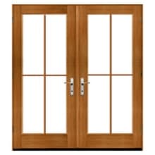 Custom Oak double French doors with rectangular glass panes and brushed metal handles