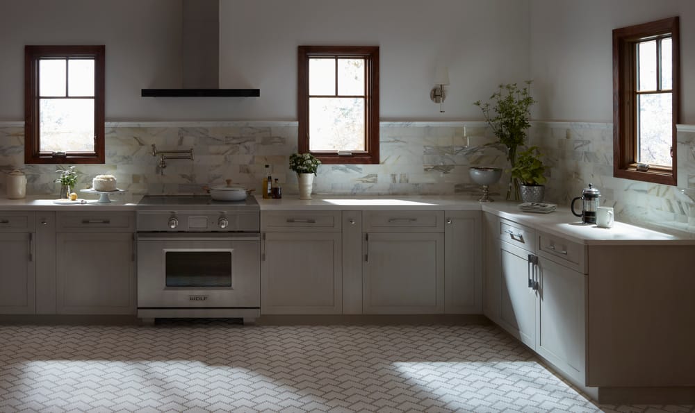 Wood Stain Windows Add Contrast To Contemporary Kitchen Wood stain windows contrast against neutral colored kitchen floor and cabinets