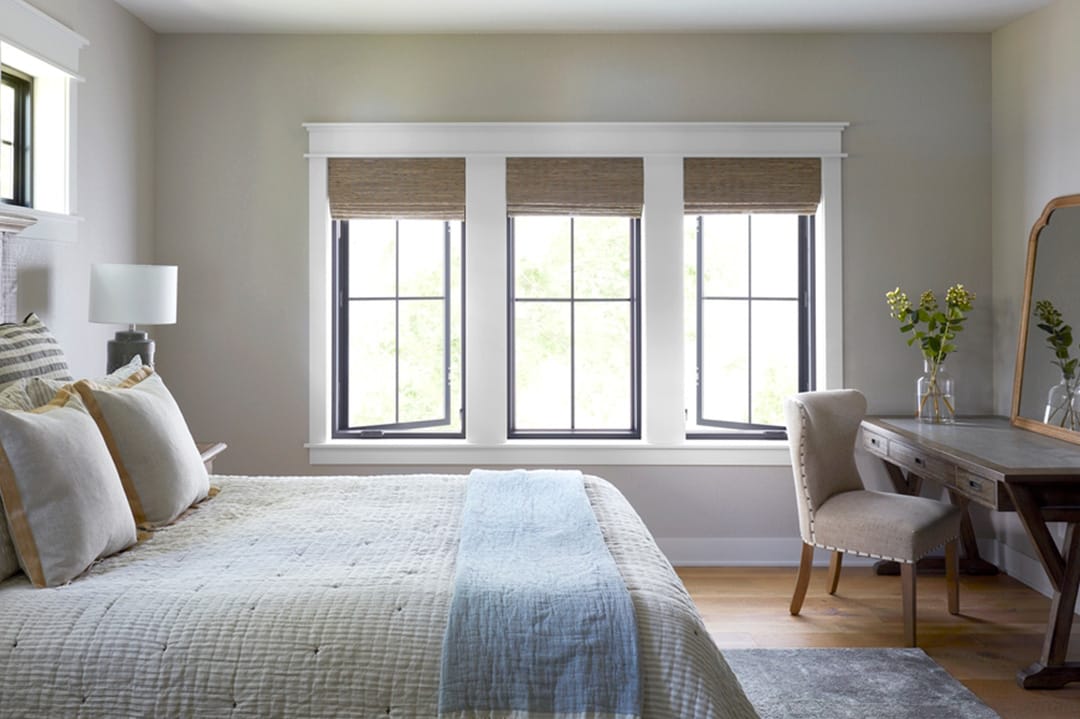 Black Windows With White Trim For Neutral Colored Bedroom black casement windows with white trim in bedroom