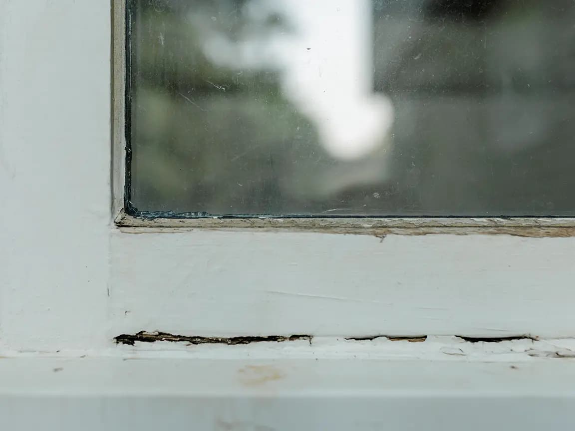 Close-up of window sill rot: white painted wooden window frame with peeling paint and cracked, rotting wood beneath a dirty glass pane