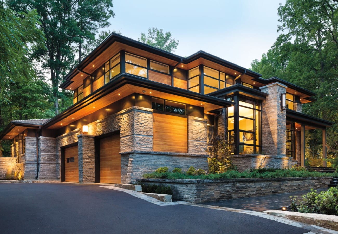 Black windows create walls of glass on modern home