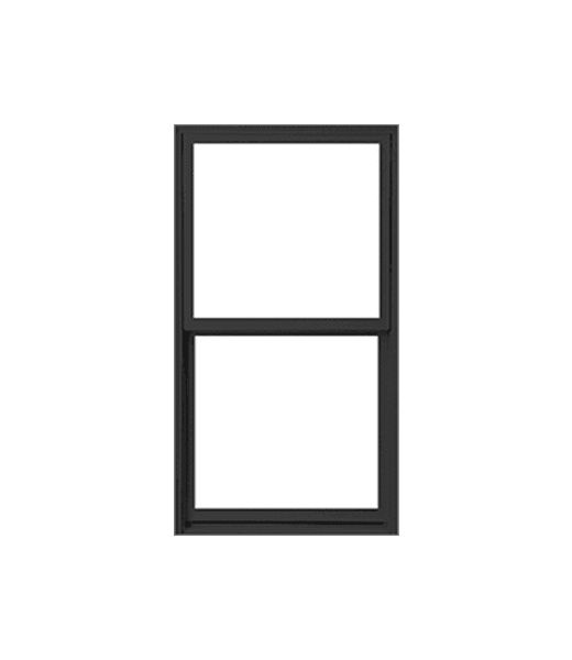 Black double-hung window with two rectangular glass sashes and slim aluminum frame on white background