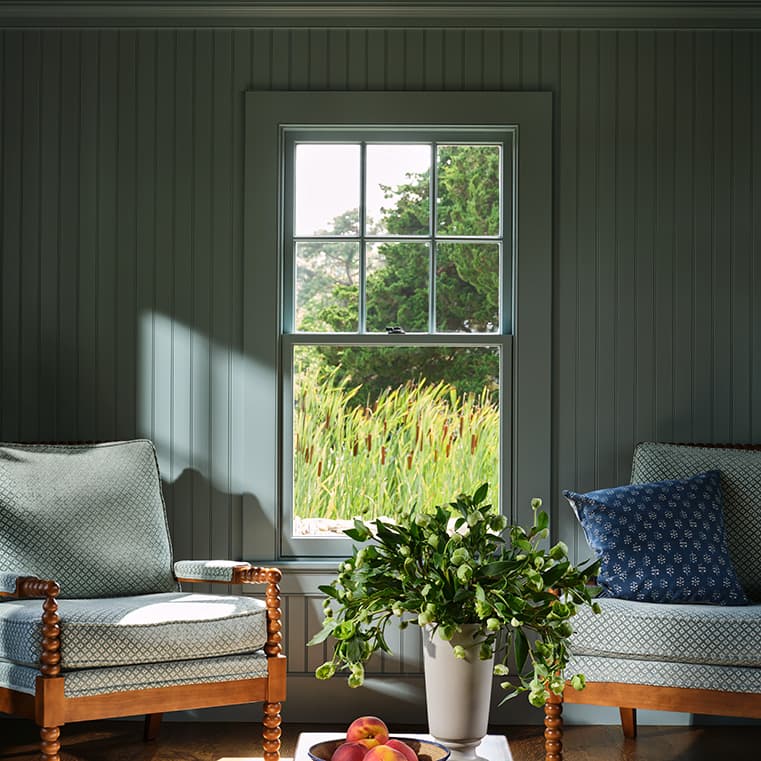 A cozy living room featuring green windows and a potted plant.
