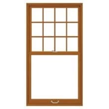 Traditional Wooden double-hung window with brown frame, 12-pane divided-light upper sash and plain lower sash.