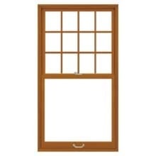 Traditional Wooden double-hung window with brown frame, 12-pane divided-light upper sash and plain lower sash.