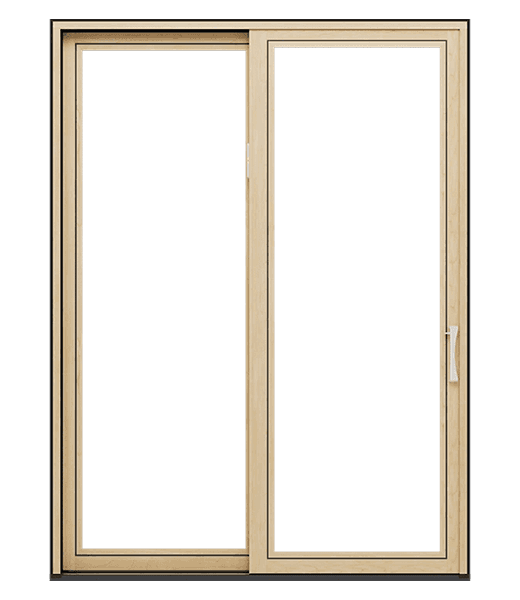 Two-panel sliding glass patio door with natural light wood frame and white handle