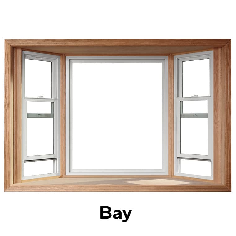 A wooden bow window design featuring a central opening and two side windows, showcasing a modern bay style.