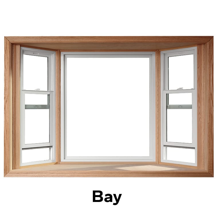 A wooden bow window design featuring a central opening and two side windows, showcasing a modern bay style.