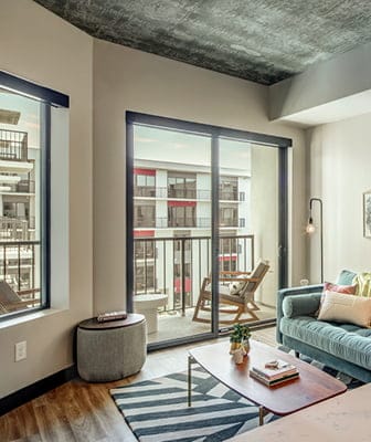 black-trimmed sliding patio door tan interior blue accents